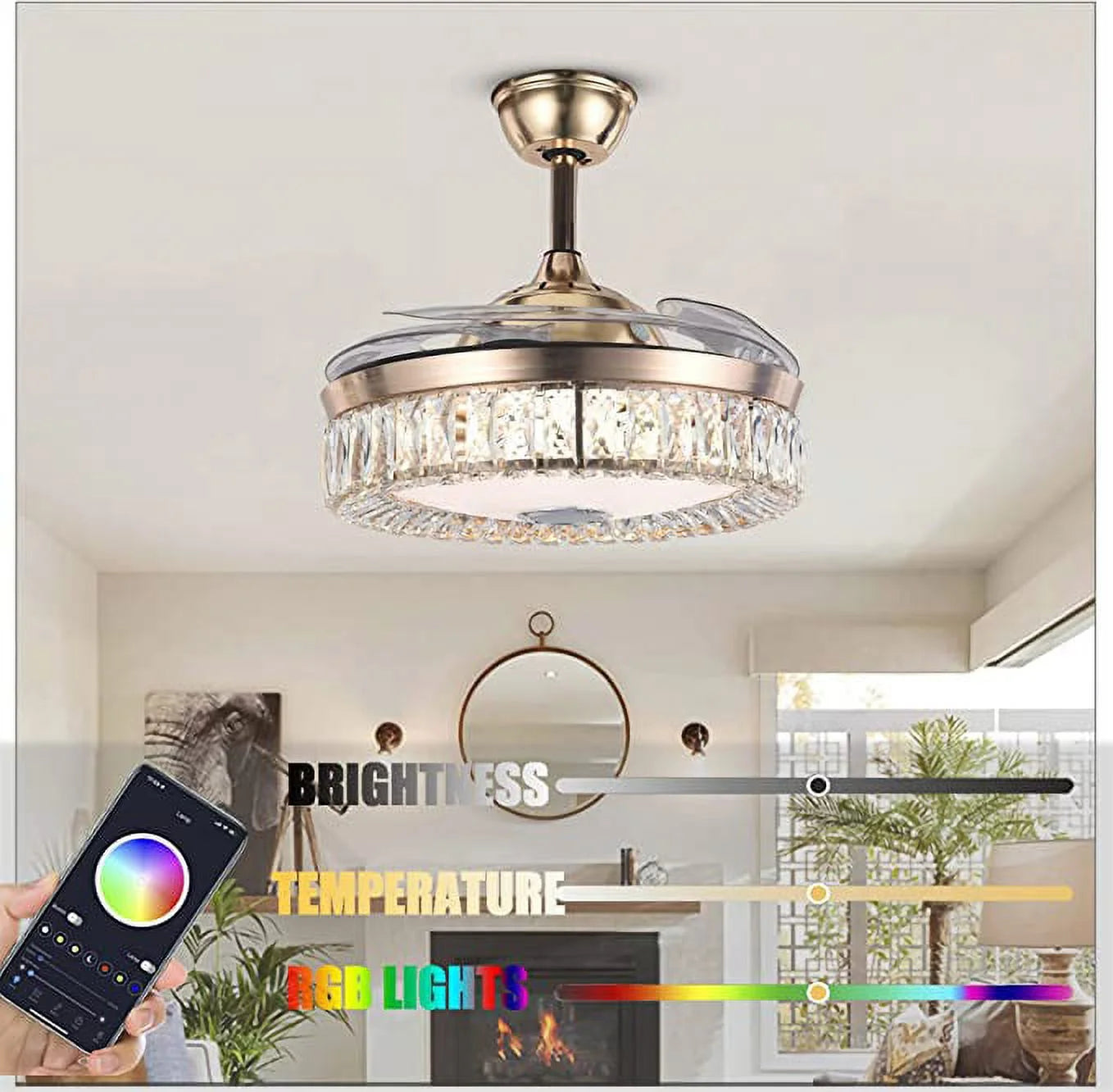 42" Smart Bluetooth Speaker Crystal Chandelier Ceiling Fans with Lights, Remote Retractable with RGB Dimmable Lighting Color, Modern Fandelier for Living Dining Bedroom