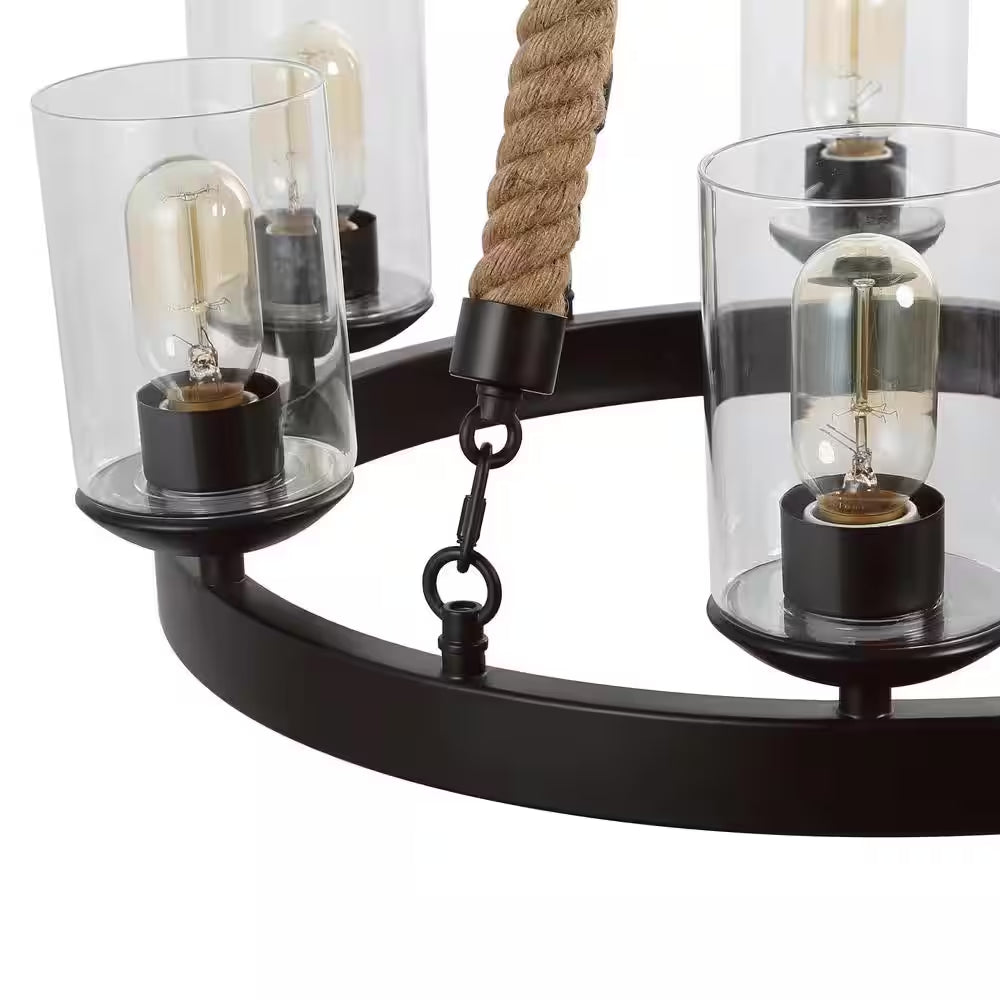 Farmhouse 6-Light Dark Brown Wagon Wheel Island Rustic Chandelier with Cylinder Clear Glass Shades and Natural Ropes