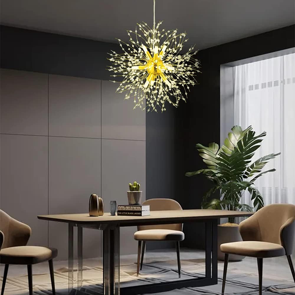 Gold Crystal Chandeliers 9-Light Modern Firework Chandelier Dandelion Light Fixture,Bedroom Chandelier,Ceiling Hanging Lighting for Dining Room,Bedroom,Aisle