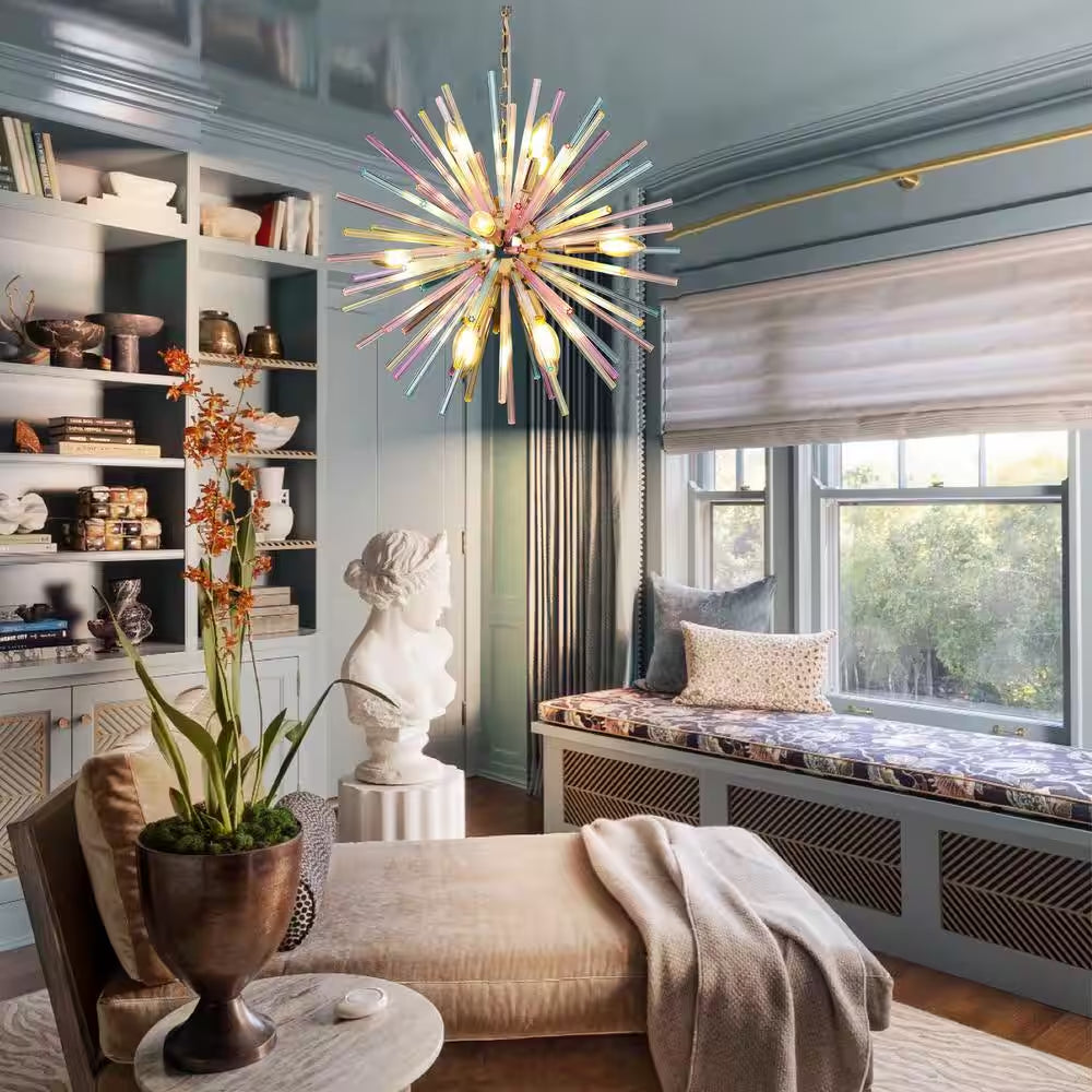 Reback 12-Light Modern Sputnik Starburst Pendant Firework Rainbow Sphere Chandelier for Living Room with Glass Rods