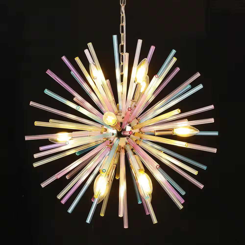 Reback 12-Light Modern Sputnik Starburst Pendant Firework Rainbow Sphere Chandelier for Living Room with Glass Rods