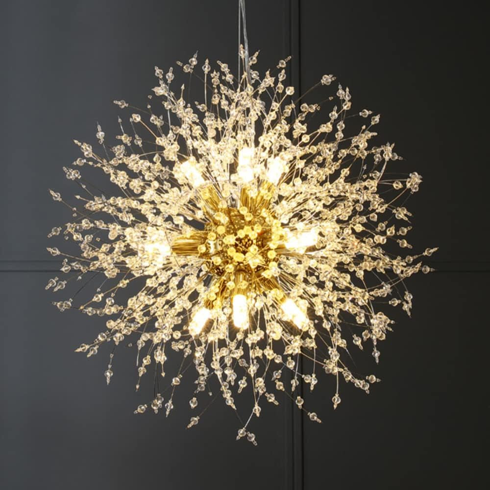 Gold Crystal Chandeliers 9-Light Modern Firework Chandelier Dandelion Light Fixture,Bedroom Chandelier,Ceiling Hanging Lighting for Dining Room,Bedroom,Aisle