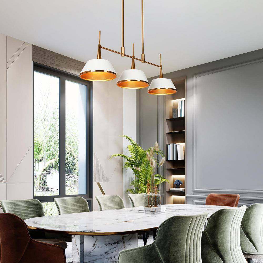 Idaikos Modern 3-Light White and Gold Chandelier Island Light with Bell Metal Shades for Dining Room Kitchen Island