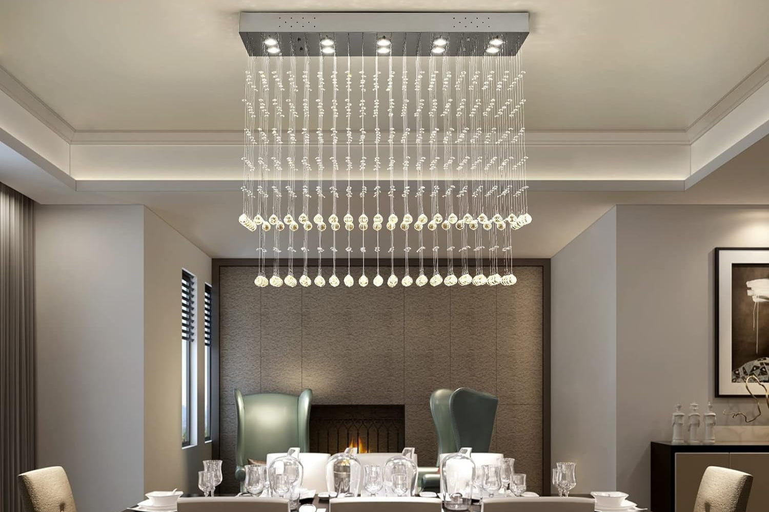 Modern Rectangular Crystal Chandelier Ceiling Lighting Fixture Raindrop Pendant 10 Lights Rectangle Crystal Chandeliers for Dining Rooms Foyer Entryway Kitchen L 47" X W 12" X H 35.5"