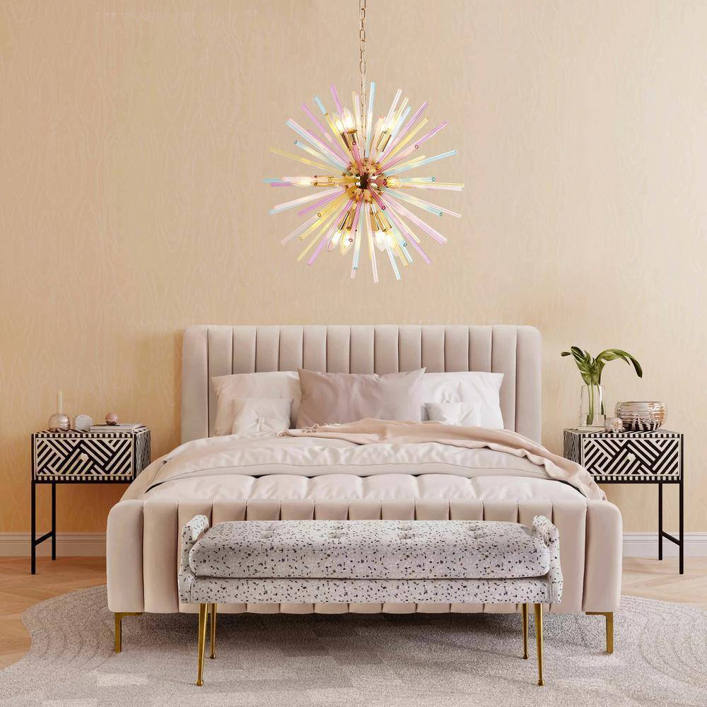 Reback 12-Light Modern Sputnik Starburst Pendant Firework Rainbow Sphere Chandelier for Living Room with Glass Rods