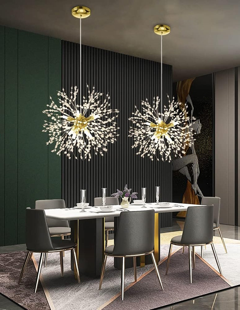 Gold Crystal Chandeliers 9-Light Modern Firework Chandelier Dandelion Light Fixture,Bedroom Chandelier,Ceiling Hanging Lighting for Dining Room,Bedroom,Aisle