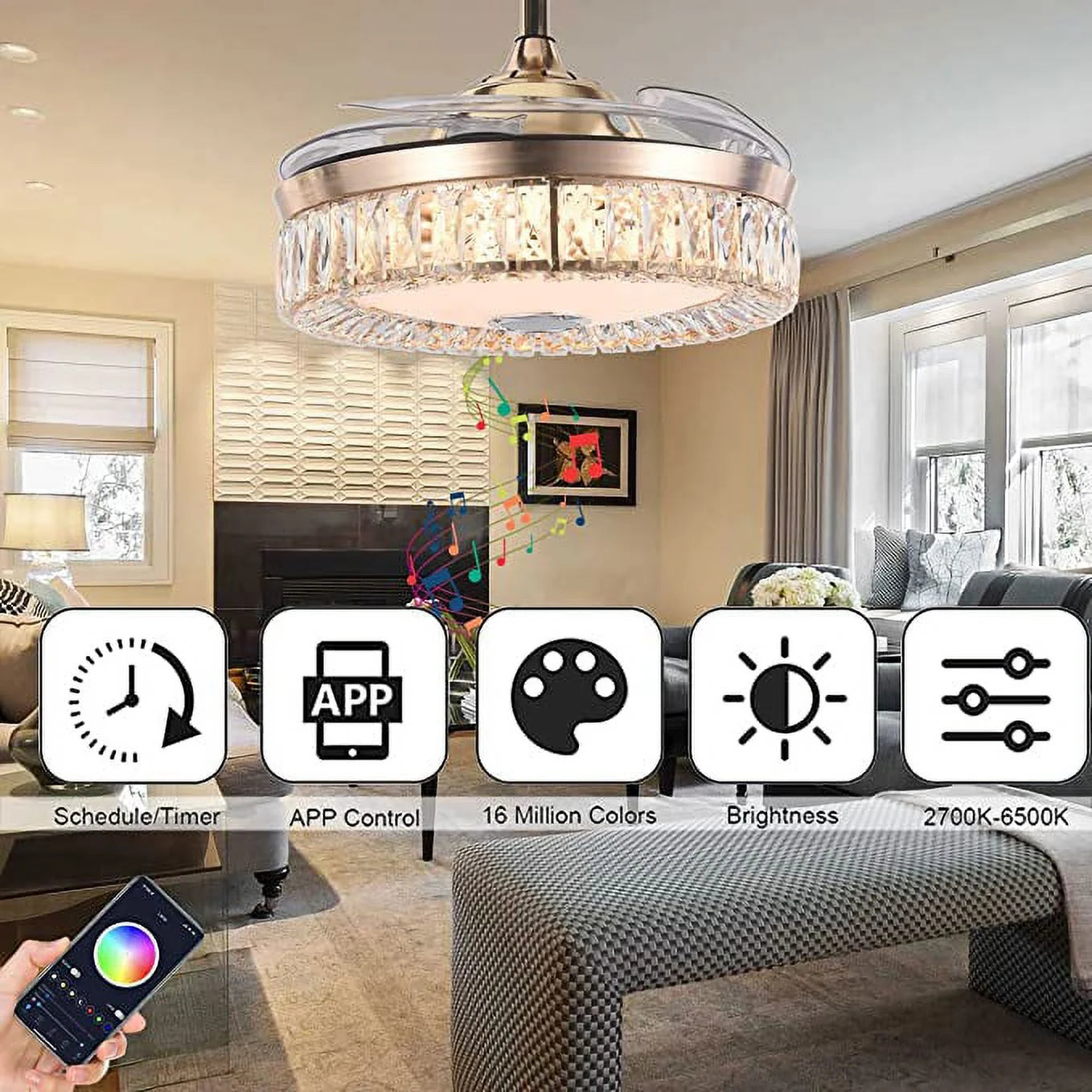 42" Smart Bluetooth Speaker Crystal Chandelier Ceiling Fans with Lights, Remote Retractable with RGB Dimmable Lighting Color, Modern Fandelier for Living Dining Bedroom