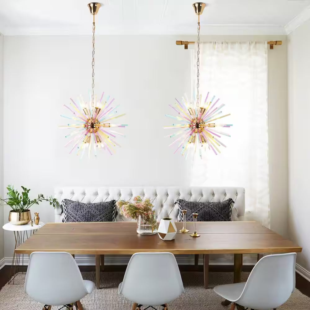 Reback 12-Light Modern Sputnik Starburst Pendant Firework Rainbow Sphere Chandelier for Living Room with Glass Rods