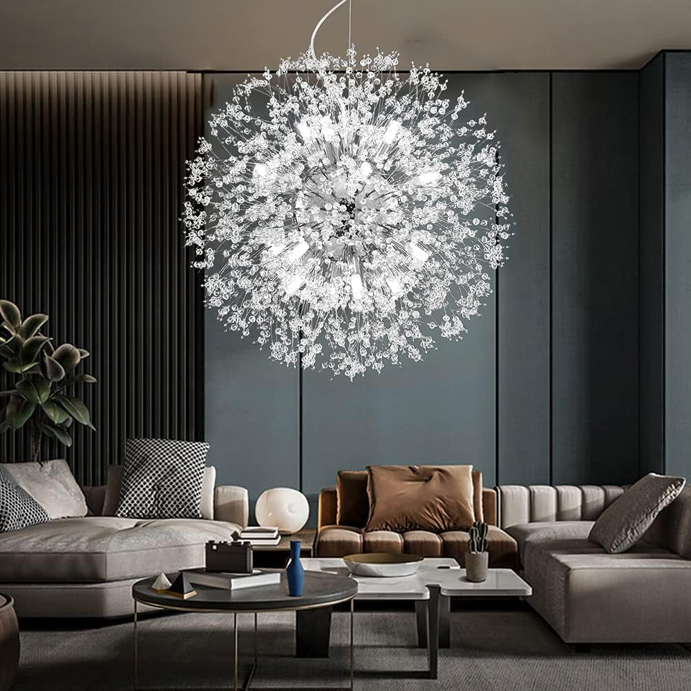 Modern Crystal Chandeliers 16-Light Chrome Dandelion Light Fixture,Firework Chandelier,Personalized Ceiling Hanging Lighting for Living Room,Dining Room,Kitchen,Bedroom Chandelier