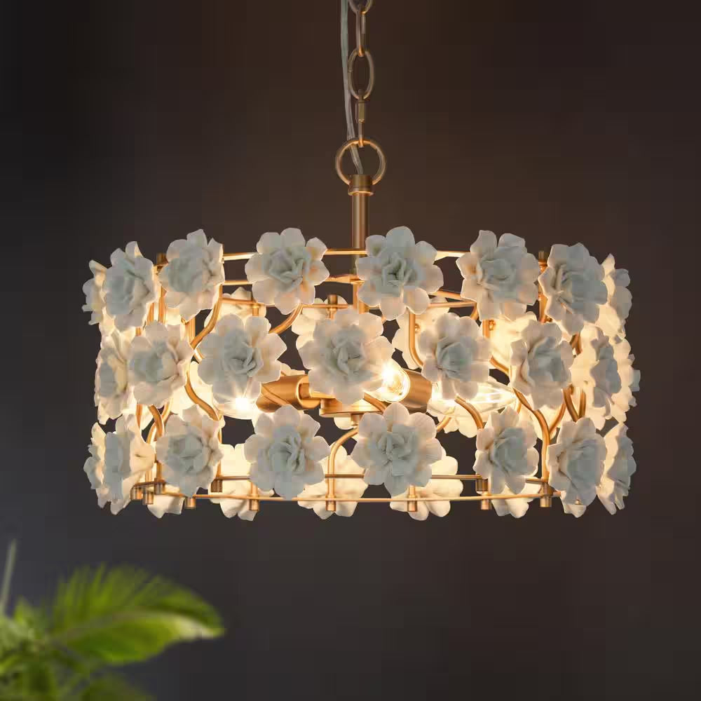 Farmhouse Gold Island Chandelier, 3-Light Modern Drum Chandelier Pendant Light with Handmade White Ceramic Flowers