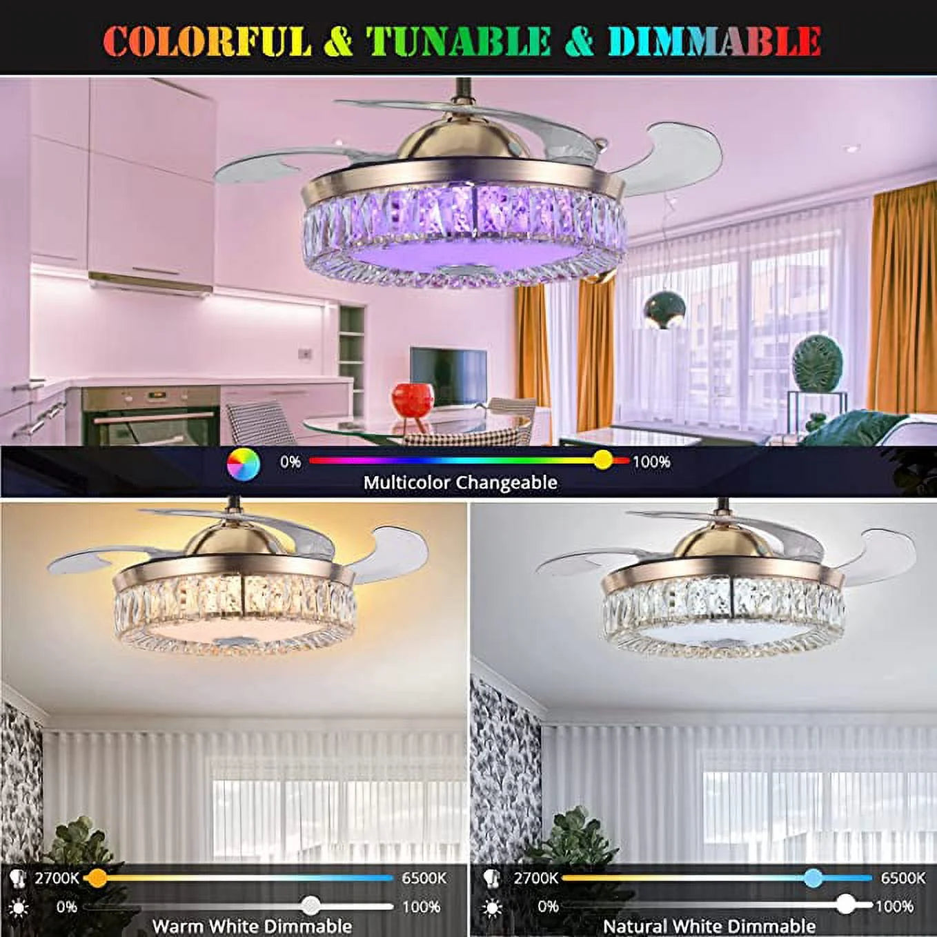 42" Smart Bluetooth Speaker Crystal Chandelier Ceiling Fans with Lights, Remote Retractable with RGB Dimmable Lighting Color, Modern Fandelier for Living Dining Bedroom