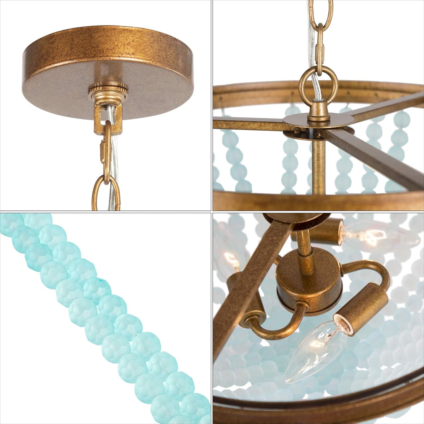 Beaded Chandelier, Boho Light Fixture for Dining Room, Blue Glass Beads, Antique Gold Finish, 3-Light, 15.5" D X 11.5" H