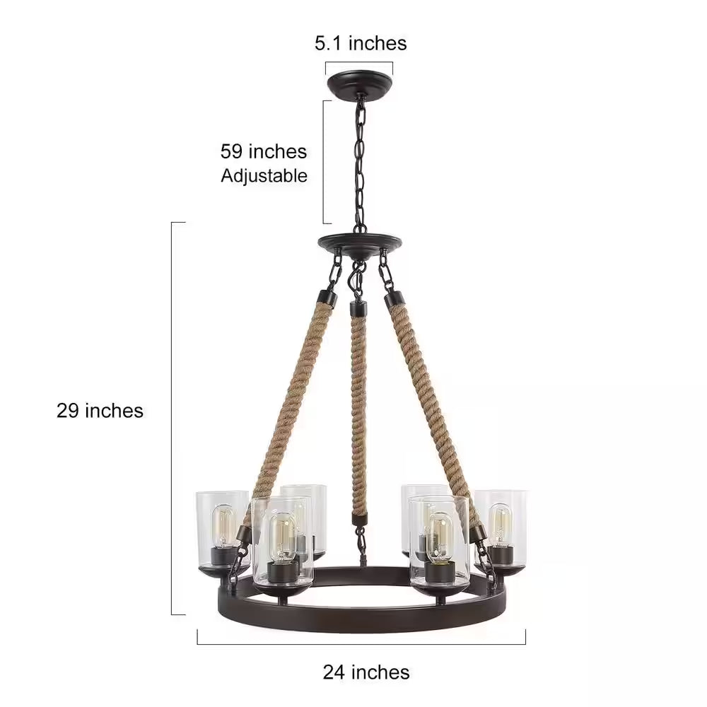 Farmhouse 6-Light Dark Brown Wagon Wheel Island Rustic Chandelier with Cylinder Clear Glass Shades and Natural Ropes