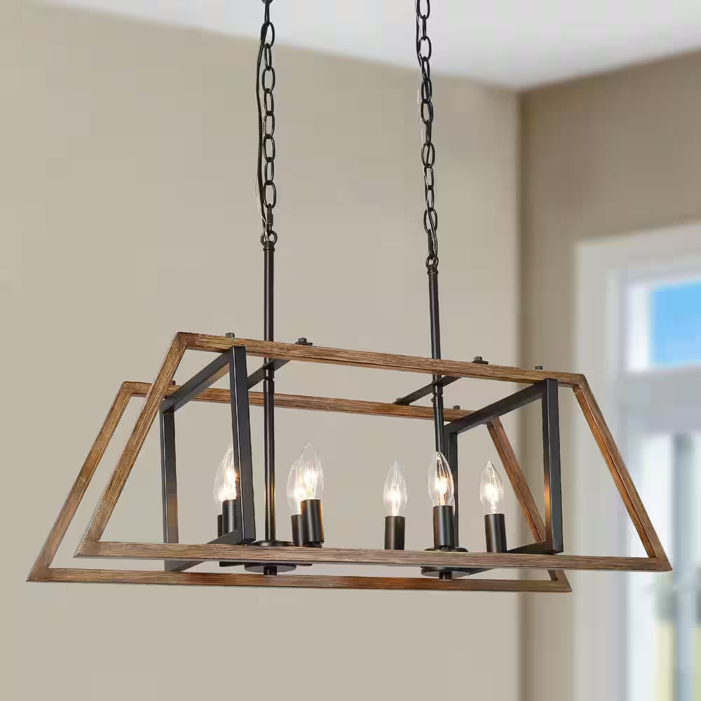 8-Light Black Modern Farmhouse Geometric Island Chandelier with Faux Wood Accent