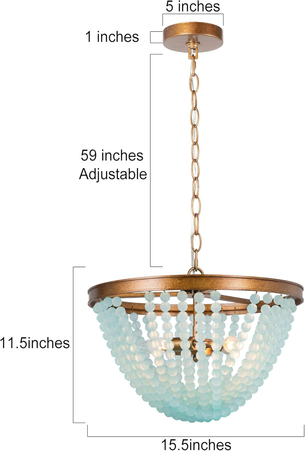 Beaded Chandelier, Boho Light Fixture for Dining Room, Blue Glass Beads, Antique Gold Finish, 3-Light, 15.5" D X 11.5" H