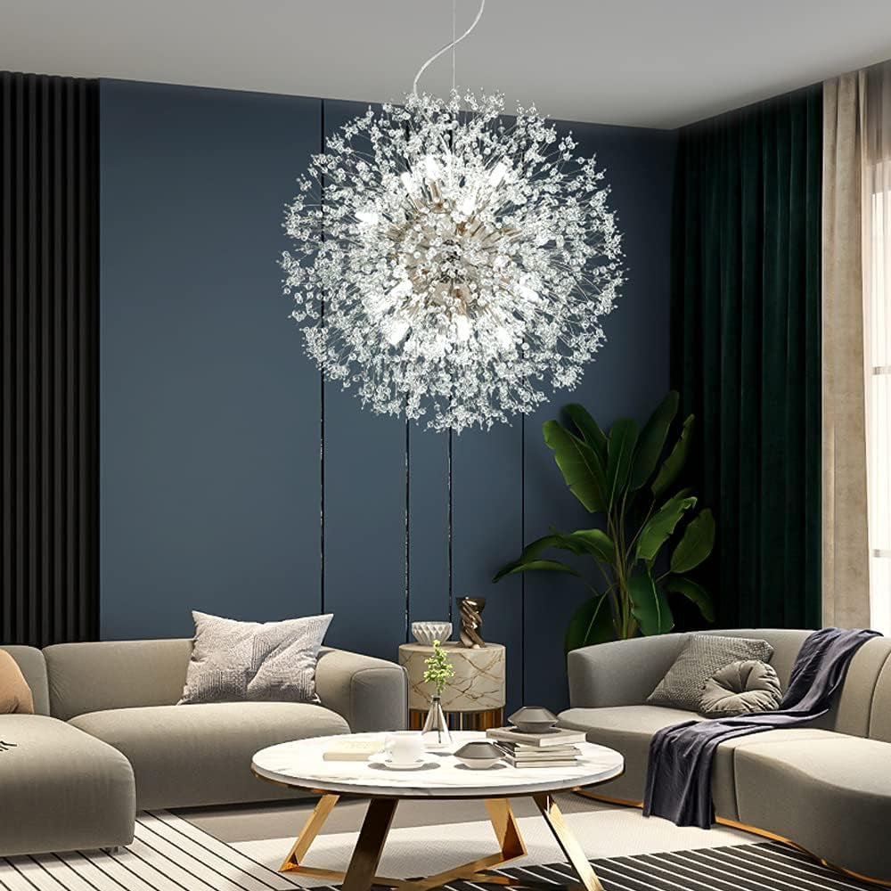 Modern Crystal Chandeliers 16-Light Chrome Dandelion Light Fixture,Firework Chandelier,Personalized Ceiling Hanging Lighting for Living Room,Dining Room,Kitchen,Bedroom Chandelier