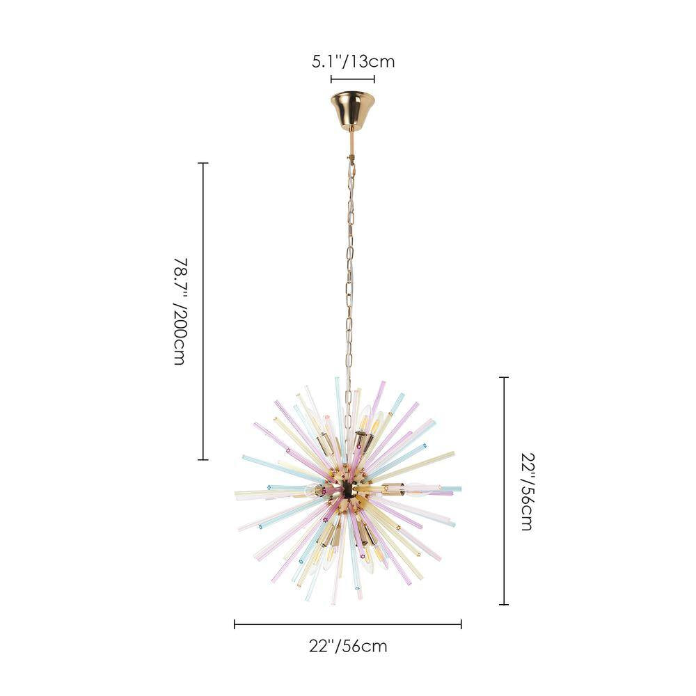 Reback 12-Light Modern Sputnik Starburst Pendant Firework Rainbow Sphere Chandelier for Living Room with Glass Rods