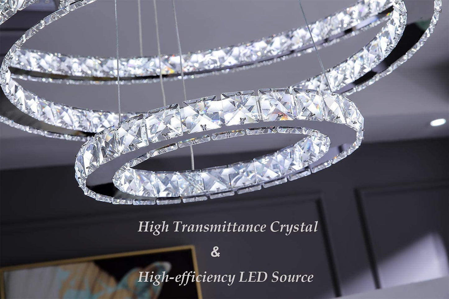 KROSON Crystal Chandelier Modern Led Chandelier Dining Room and Bedroom Chandelier Foyer Lighting Adjustable Ceiling Pendant Lighting Cool White 3 Rings Chandeliers