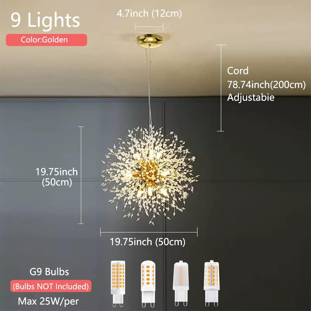 Gold Crystal Chandeliers 9-Light Modern Firework Chandelier Dandelion Light Fixture,Bedroom Chandelier,Ceiling Hanging Lighting for Dining Room,Bedroom,Aisle