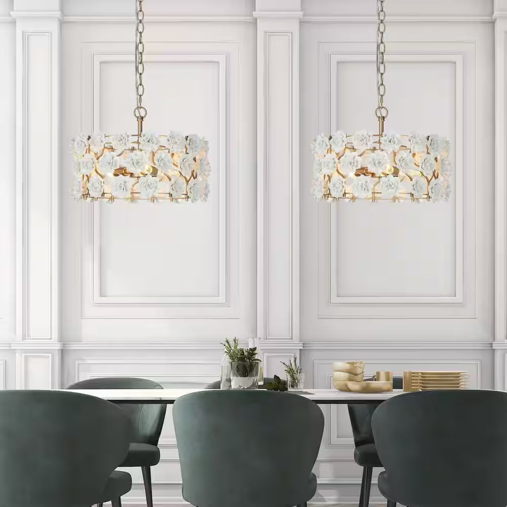 Farmhouse Gold Island Chandelier, 3-Light Modern Drum Chandelier Pendant Light with Handmade White Ceramic Flowers