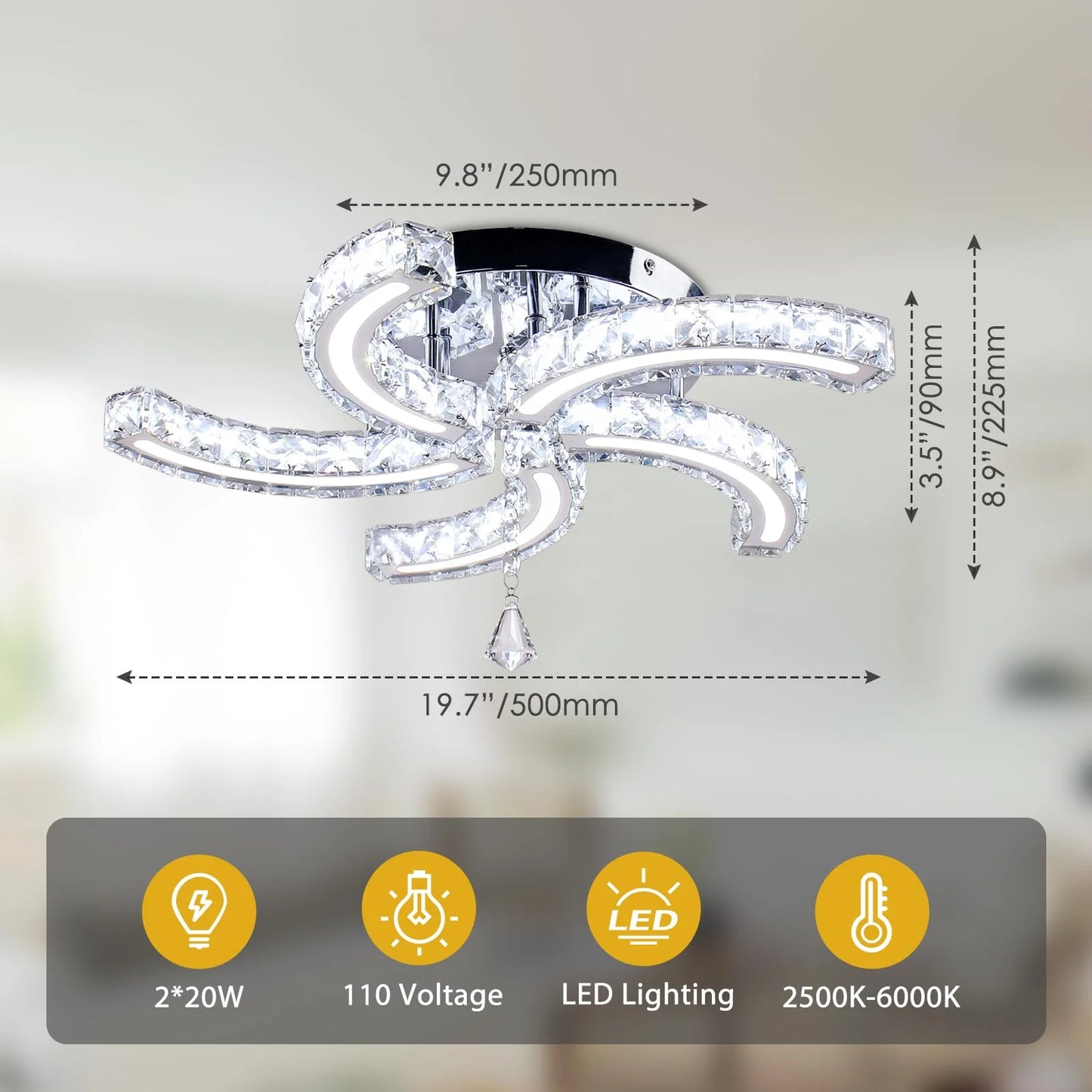 Modern Dimmable Crystal Led Ceiling Light 5 Arms Acrylic Crystal Chandeliers Stainless Steel Pendant Light