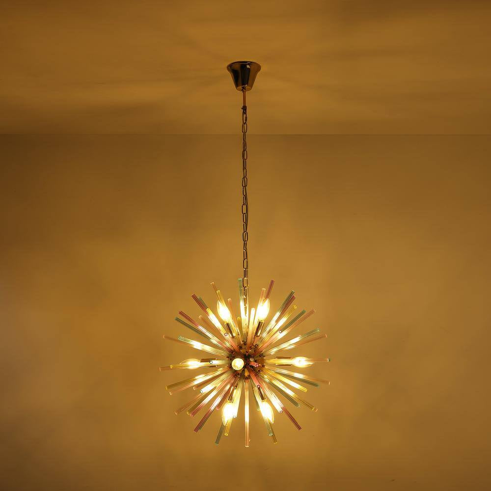 Reback 12-Light Modern Sputnik Starburst Pendant Firework Rainbow Sphere Chandelier for Living Room with Glass Rods