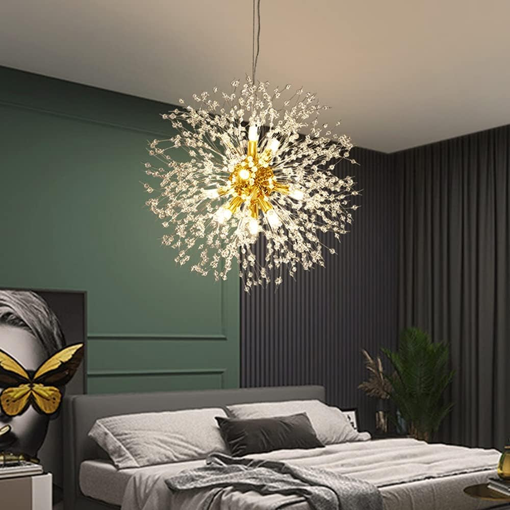 Gold Crystal Chandeliers 9-Light Modern Firework Chandelier Dandelion Light Fixture,Bedroom Chandelier,Ceiling Hanging Lighting for Dining Room,Bedroom,Aisle