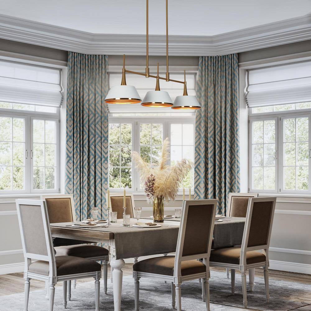 Idaikos Modern 3-Light White and Gold Chandelier Island Light with Bell Metal Shades for Dining Room Kitchen Island