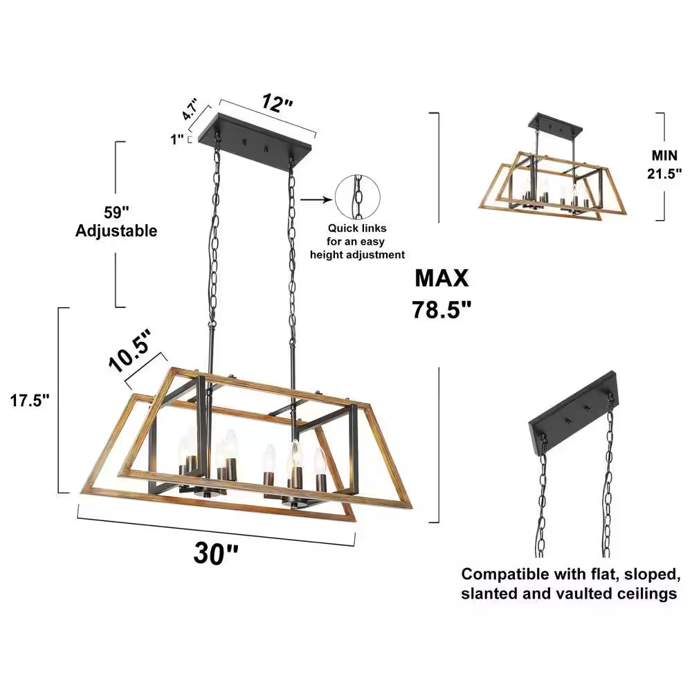 8-Light Black Modern Farmhouse Geometric Island Chandelier with Faux Wood Accent