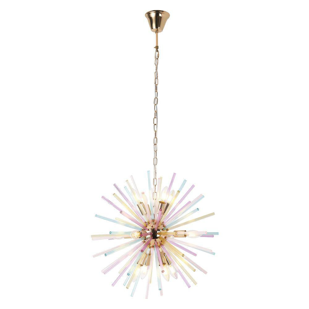 Reback 12-Light Modern Sputnik Starburst Pendant Firework Rainbow Sphere Chandelier for Living Room with Glass Rods