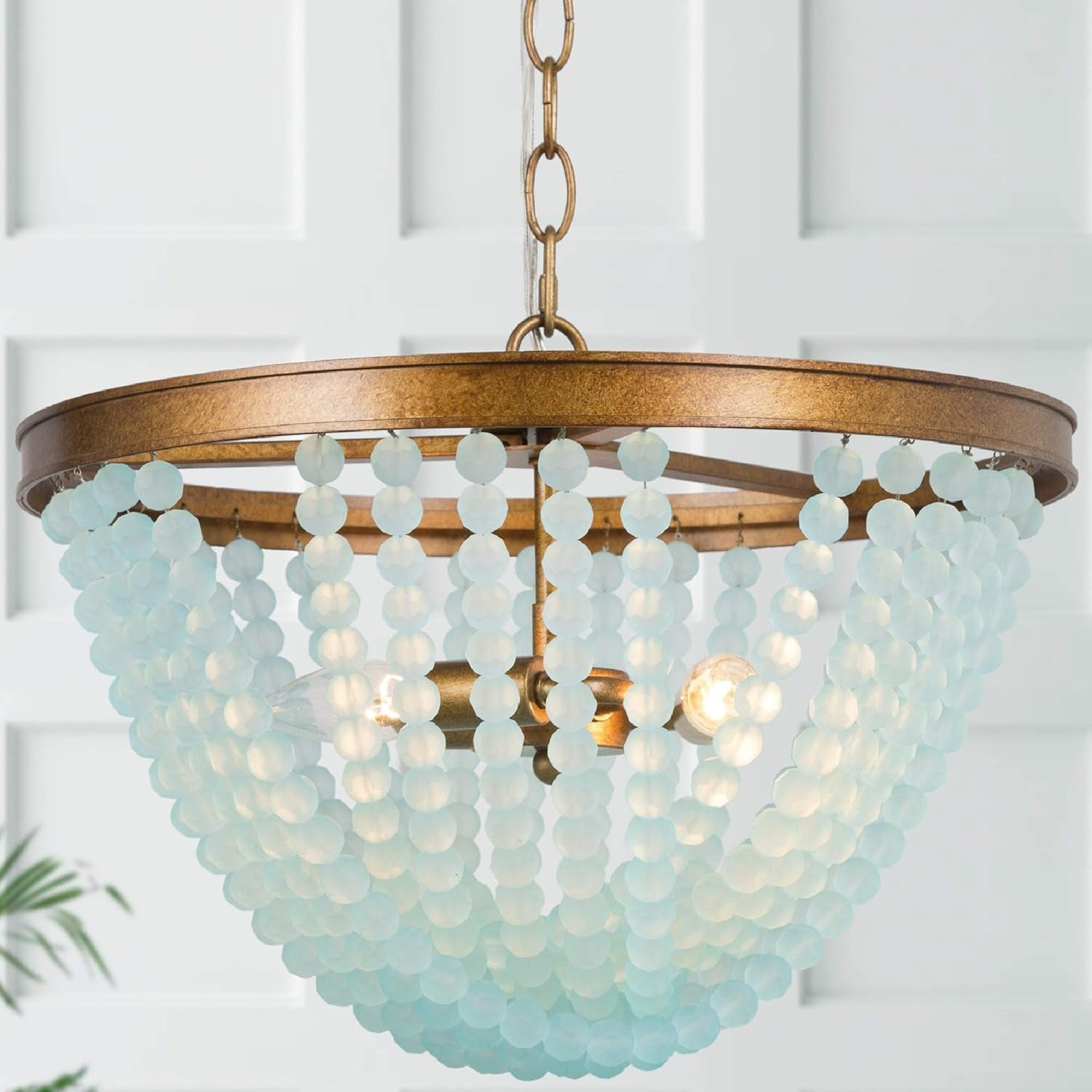 Beaded Chandelier, Boho Light Fixture for Dining Room, Blue Glass Beads, Antique Gold Finish, 3-Light, 15.5" D X 11.5" H