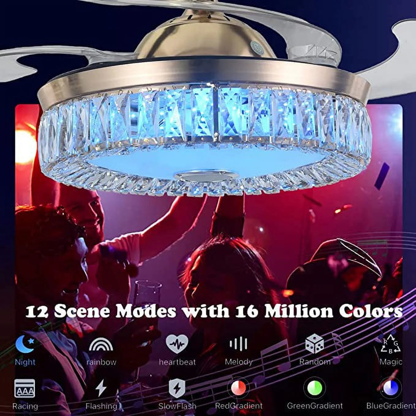 42" Smart Bluetooth Speaker Crystal Chandelier Ceiling Fans with Lights, Remote Retractable with RGB Dimmable Lighting Color, Modern Fandelier for Living Dining Bedroom