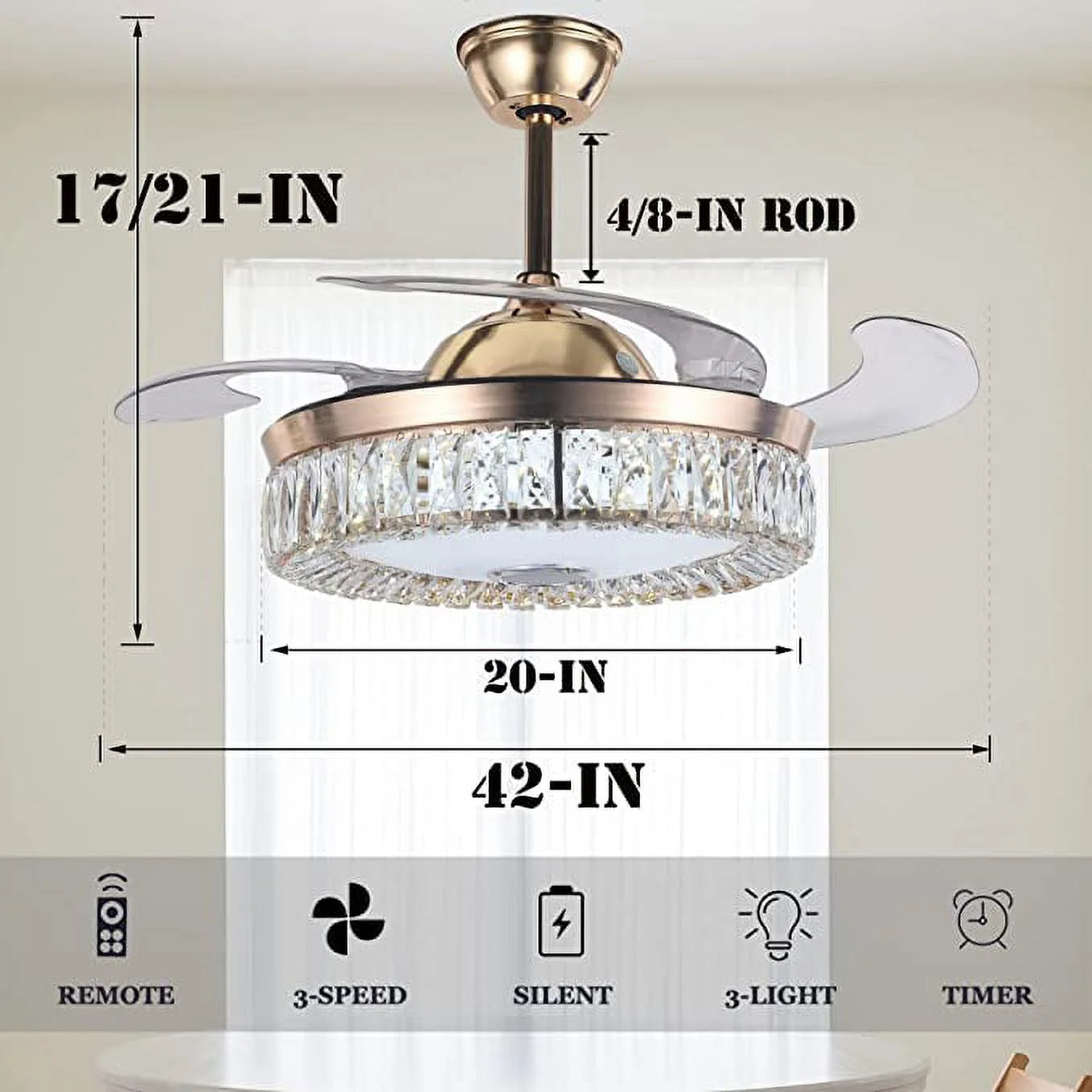 42" Smart Bluetooth Speaker Crystal Chandelier Ceiling Fans with Lights, Remote Retractable with RGB Dimmable Lighting Color, Modern Fandelier for Living Dining Bedroom