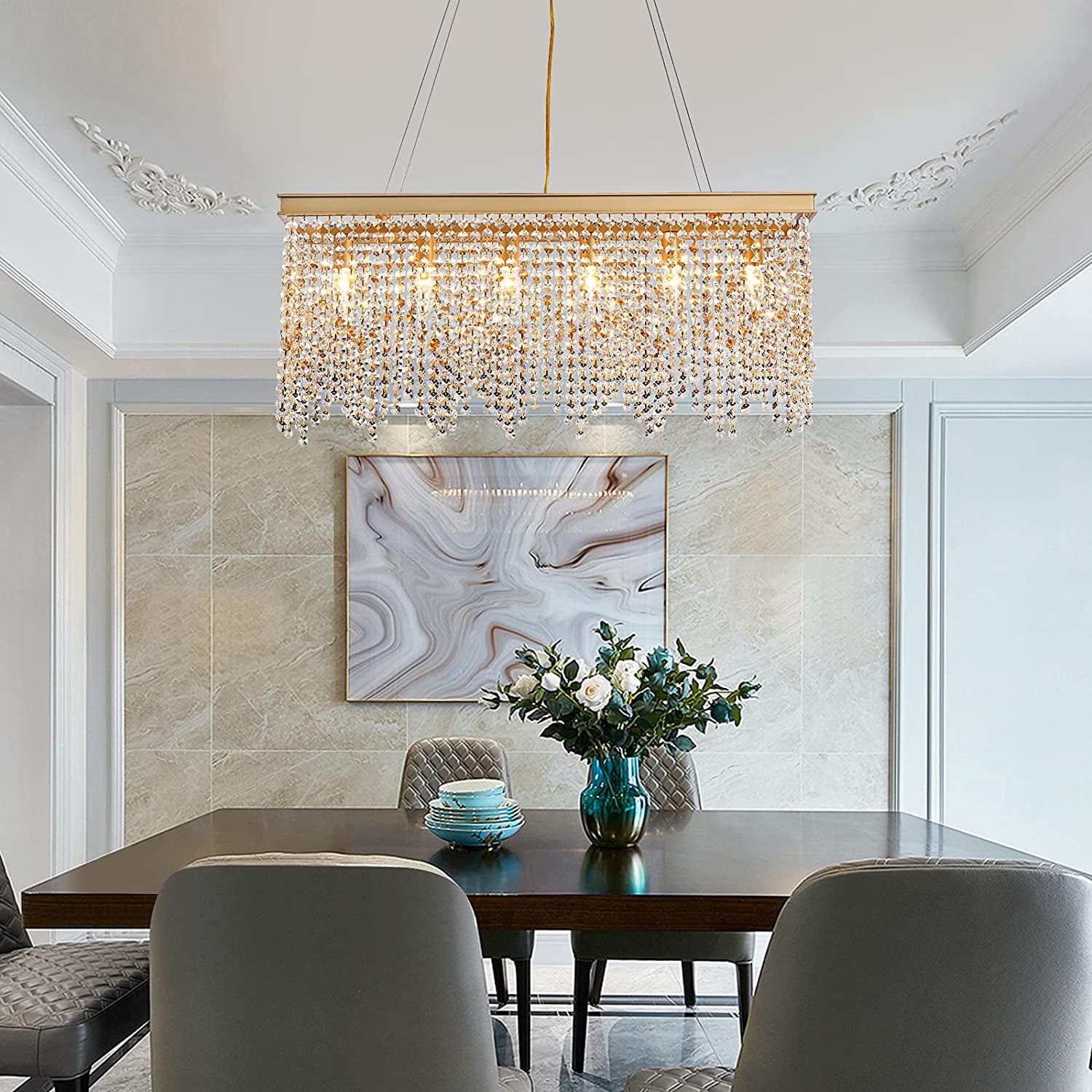 Gold Chandeliers Luxury Modern Crystal Chandelier Light Fixtures for Dining Room Kitchen Island Living Room L30 6-Lights UL Listed