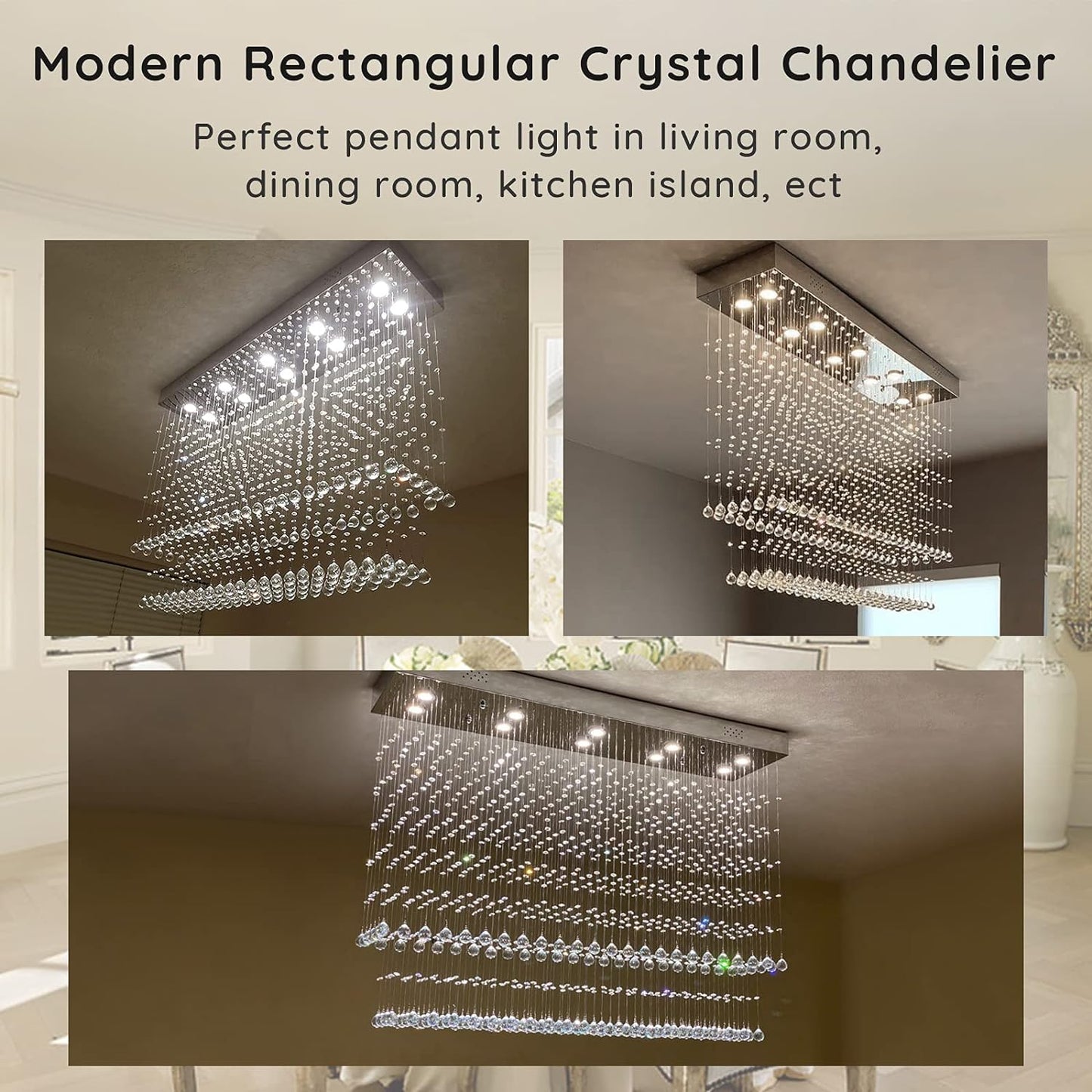 Modern Rectangular Crystal Chandelier Ceiling Lighting Fixture Raindrop Pendant 10 Lights Rectangle Crystal Chandeliers for Dining Rooms Foyer Entryway Kitchen L 47" X W 12" X H 35.5"