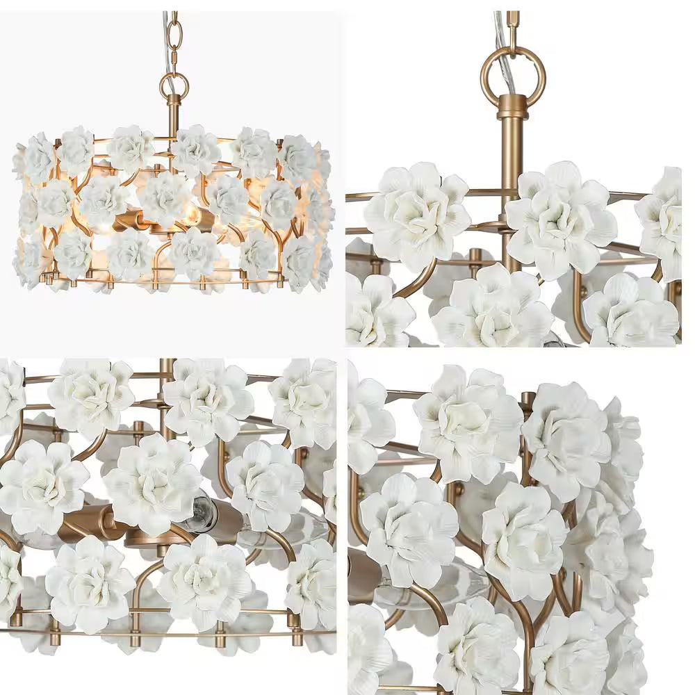 Farmhouse Gold Island Chandelier, 3-Light Modern Drum Chandelier Pendant Light with Handmade White Ceramic Flowers