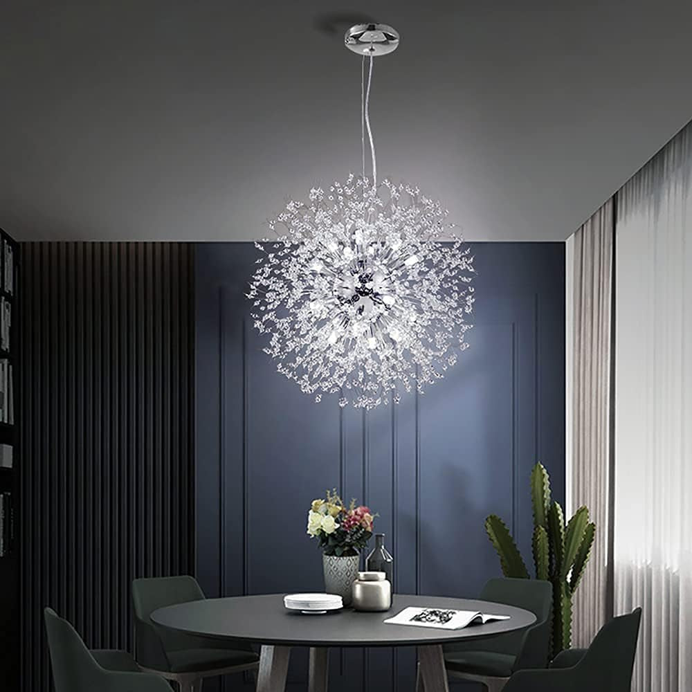 Modern Crystal Chandeliers 16-Light Chrome Dandelion Light Fixture,Firework Chandelier,Personalized Ceiling Hanging Lighting for Living Room,Dining Room,Kitchen,Bedroom Chandelier