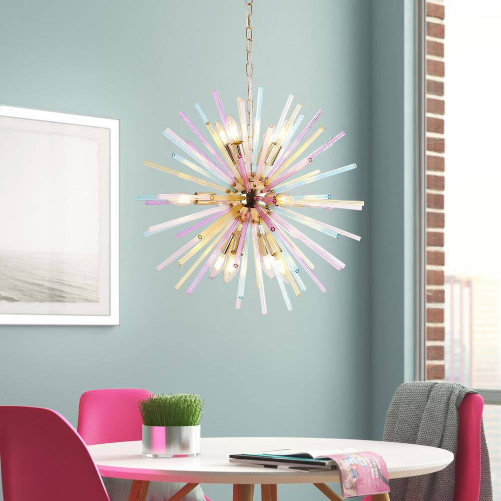 Reback 12-Light Modern Sputnik Starburst Pendant Firework Rainbow Sphere Chandelier for Living Room with Glass Rods