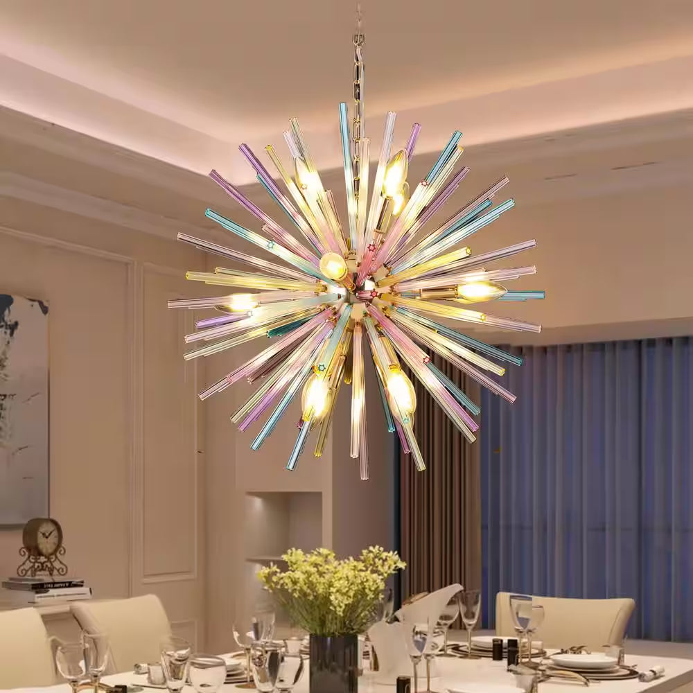 Reback 12-Light Modern Sputnik Starburst Pendant Firework Rainbow Sphere Chandelier for Living Room with Glass Rods