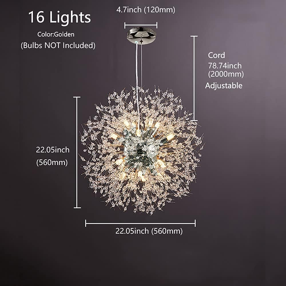 Modern Crystal Chandeliers 16-Light Chrome Dandelion Light Fixture,Firework Chandelier,Personalized Ceiling Hanging Lighting for Living Room,Dining Room,Kitchen,Bedroom Chandelier