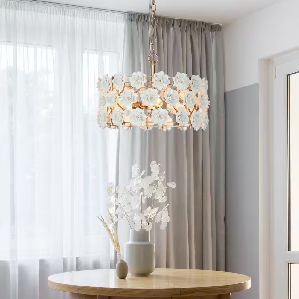 Farmhouse Gold Island Chandelier, 3-Light Modern Drum Chandelier Pendant Light with Handmade White Ceramic Flowers